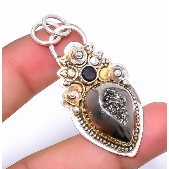 Titanium Carbon Agate Drusy & Black Onyx 925 Sterling Silver Pendant 2.07" A314, Beautiful Jewelry For Woman, New Year Sale, Valentin's Day Gift