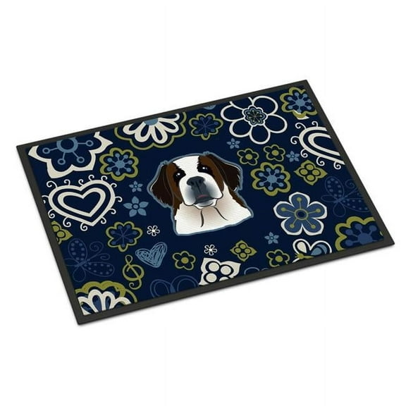 Carolines Treasures BB5097JMAT 24 x 36 in. Blue Flowers Saint Bernard Indoor or Outdoor Mat