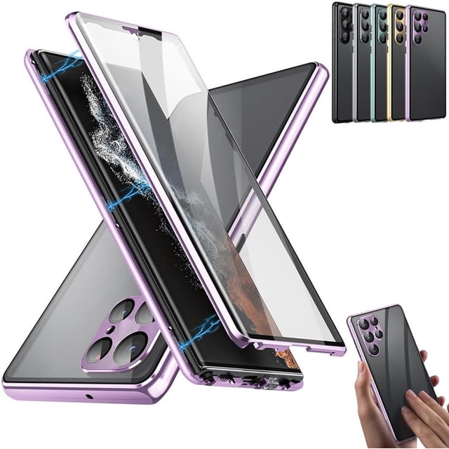 Funda magnética de vidrio templado de doble cara para teléfono, funda protectora completa de 360° a prueba de golpes con protector de lente, bloqueo de seguridad, para Samsung S21/S22/S23/S24 Plus Ul