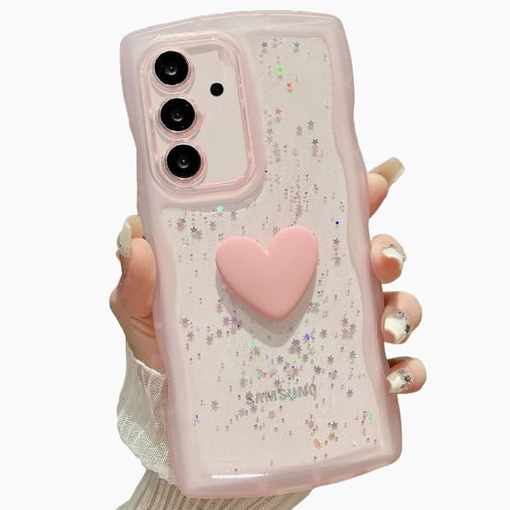Compatible with Samsung Galaxy S23 FE Cute 3D Love Heart Phone Case,Glitter Bling Clear S23 FE Case Curly Wave Frame Case Women Soft Shockproof Cover (Pink, Samsung Galaxy S23 FE)