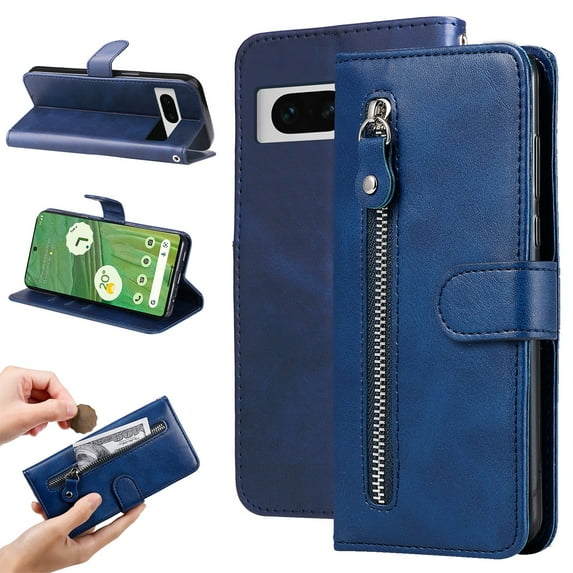 SaniMore Case for Google Pixel 8 6.3" 2023, Zipper Wallet Pocket Caed Slots Retro PU Leather Shockproof Drop-proof Flip Kickstand All-around Protective Shell For Google Pixel 8,Blue