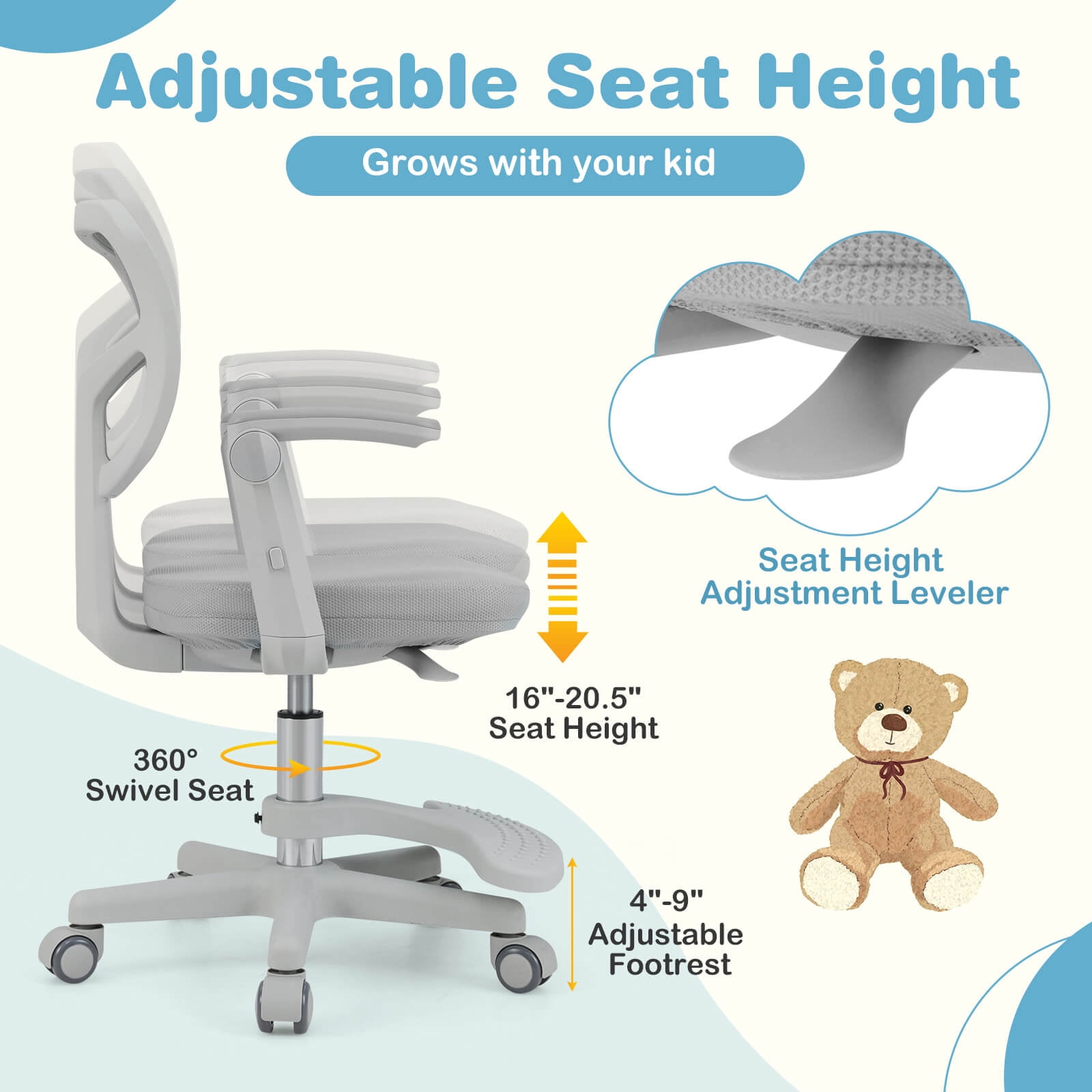 Costway Kids Desk Chair Children Study Chair with Adjustable Height, Armrest & Footrest Gray