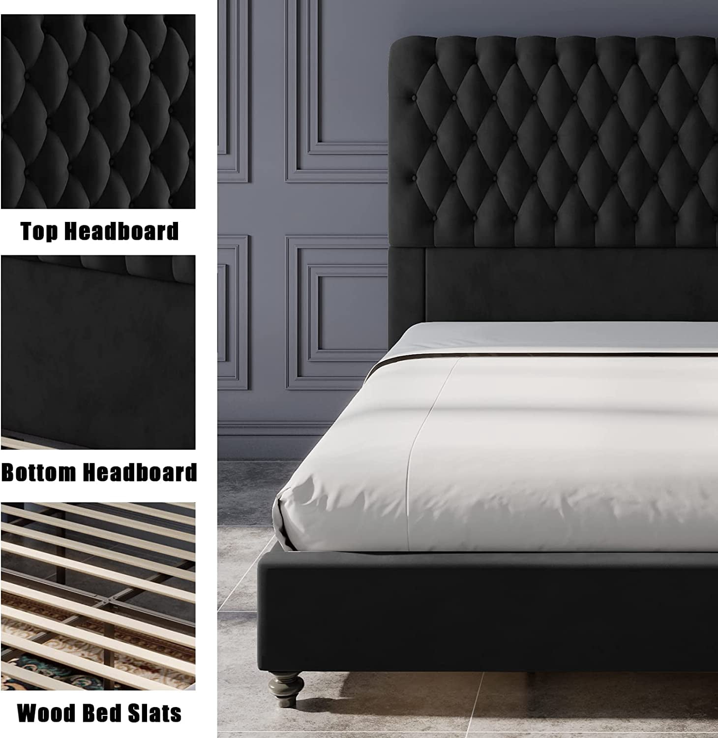 VanAcc Bed Frame Queen Size Low Profile Velvet Upholstered Sleigh Bed Deep Button Rolled Edge Tufted Headboard, Wood Slats Support, Black