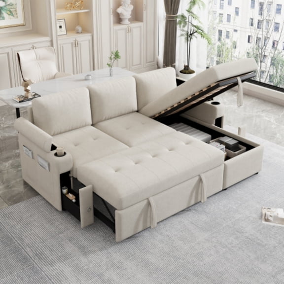 84" Chenille Convertible Sofa Bed, Adjustable Fabric Pull-Out Sleeper Sofa with Ample Storage, Queen Size Fabric Pull-Out Sofa Bed with Cup Holders for Living Spaces, Beige