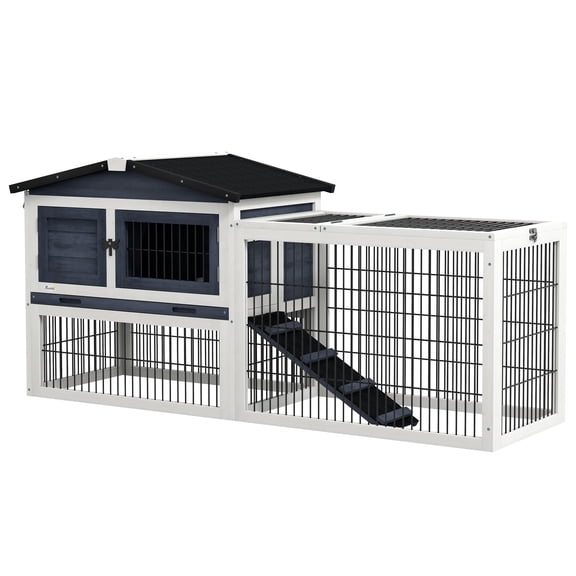 2 Levels Outdoor Rabbit Hutch with Openable Top, 59" Wooden Large Rabbit Cage with Run Weatherproof Roof, Removable Tray, Ramp, Dark Gray