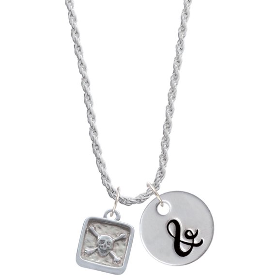 Delight Jewelry Silvertone Skull and Bones - Square Seal Silvertone Script Initial Disc - & - Charm Necklace, 20"+3"