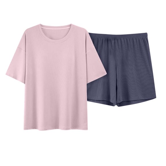 Chbgutlmr Pajama Sets Women Short Sleeve Crewneck Built in Bra Tshirts Drawstring Elastic Waist Shorts Color Block Comfy Set