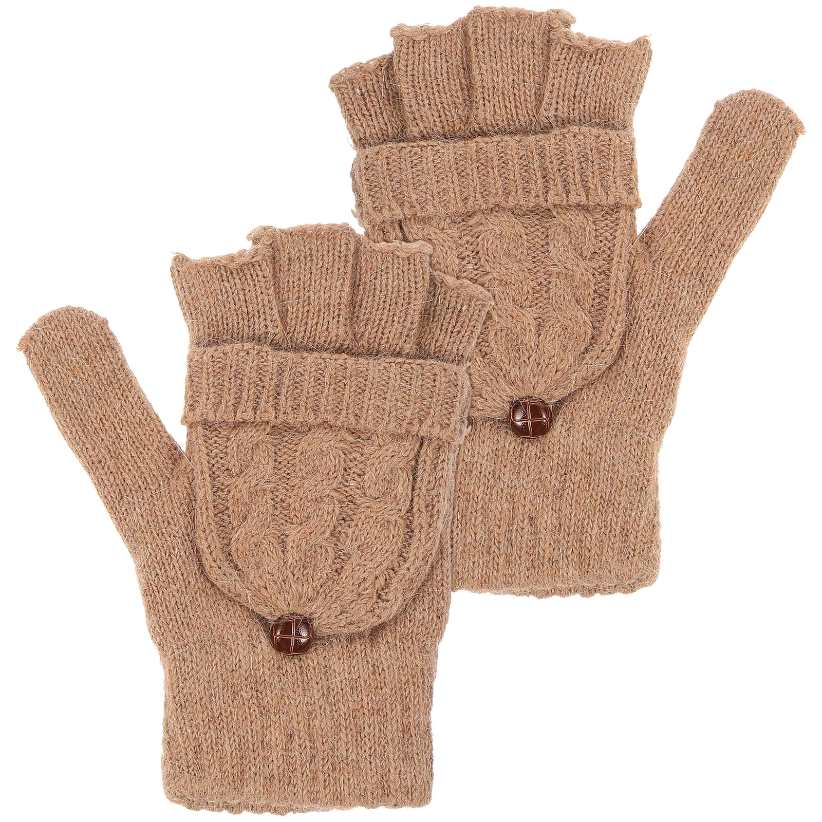 Women Winter Warm Wool Knitted Convertible Fingerless Gloves With Mitten Cover (Brown)
