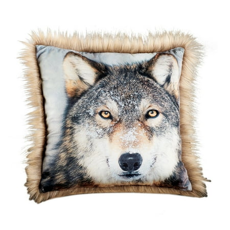 Majestic Snowy Wolf Fur Trim Throw Pillow Black Reverse Side