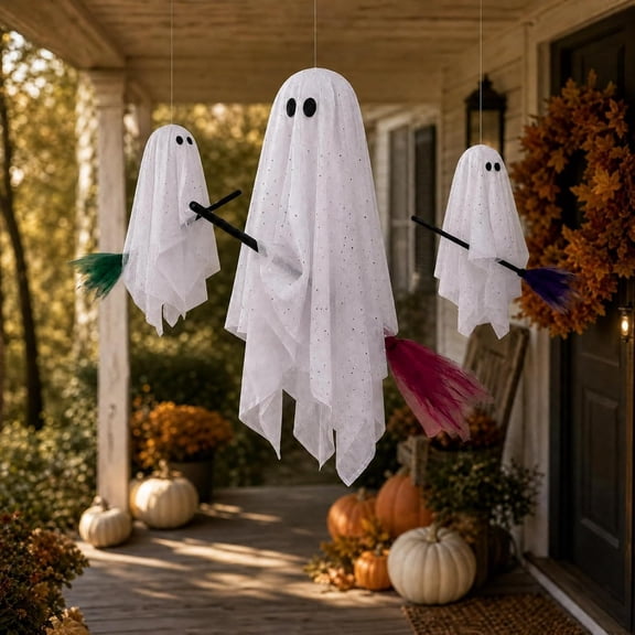 Halloween Decorations Hanging Ghost on Broom for Yard Outdoor Decor, Resin Floating Ghost Figurine with LED Light String, Horror Prop for Porch Party & Home Display, 19.7" (Red Broom 1PC)