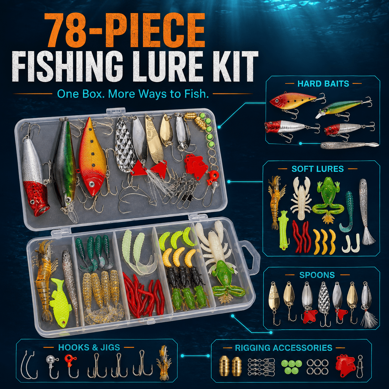 GOANDO Fishing Lures, 78pcs Fishing Gear Included Tackle Box for Bass/Saltwater/Trout/Worms, Fishing Gifts for Men