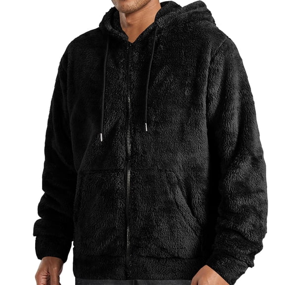 Dwelliawo Men's Fuzzy Sherpa Athletic Hoodie Fashion Fuzzy Jackets Full Zip Heavyweight Hooded Sweatshirts Long Sleeve Fleece Coat with Hood Black XL