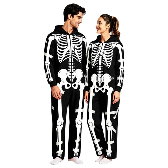 Halloween Skeleton Onesie Adult 2026 3D Print Hooded Zip up Jumpsuit Stretchy Pajamas Unisex Party(Black,XXL)