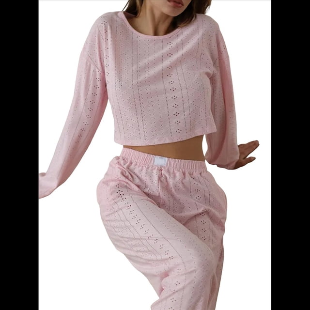Conjunto de Pijama Informal de Dos Piezas para Mujer: Camiseta y Pantalón de Punto Fino de Larga, Otoño 2025 Rosa L