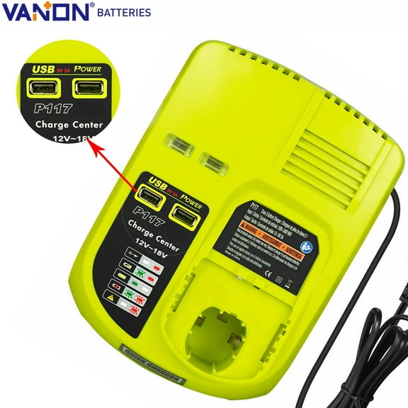 P117 18V One Dual Chemistry Fast Battery Charger P118 for Ryobi 12V-18V Lithium & Ni-Cd & Ni-Mh P100 P102 P108 with 2 USB Ports