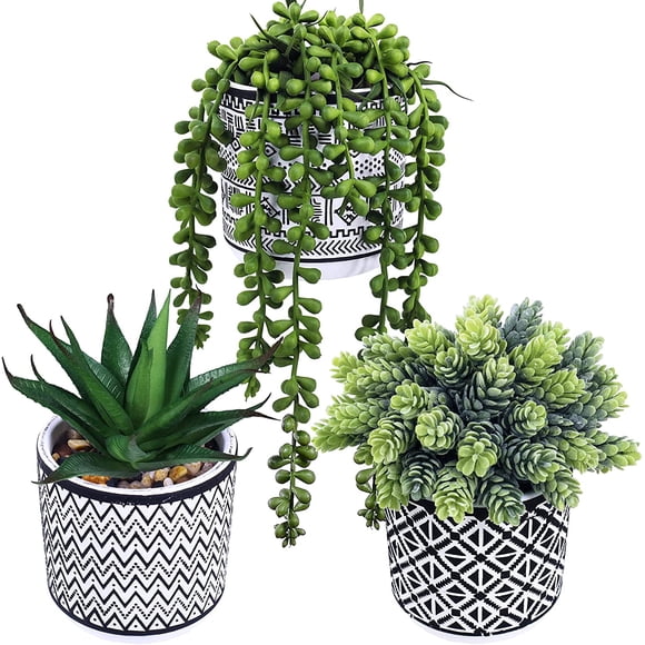 3 Pcs Small Potted Succulents Plants Artificial String of Pearls Aloe Hops Succulents in Black Geometric Concrete Pots for Gifts Modern Home Bathroom Window Table Indoor Outdoor Greenery Décor