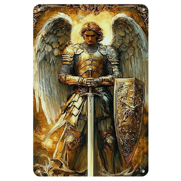 1pc, Square Iron Plate, 2D Golden Archangel Michael Theme Square Sign for Bar Restaurant Living Room Wall Decoration