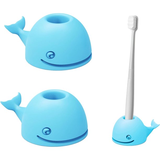 Soportes para cepillos de dientes para baños, paquete de 2 lindos mini organizadores de cepillos de dientes de ballena de silicona, soporte para cepillos de dientes para encimera de baño, azul bebé