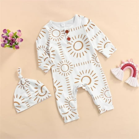 

Baby Girls Boys Cotton Patchwork Autumn Long Sleeve Romper Bodysuit Hat Cap Clothes