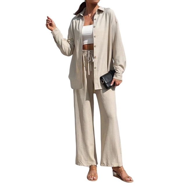 Traje de Verano para Mujer, de Dos Piezas, con Camisa, Pantalones y Ropa Deportiva Informal para Playa y Vacaciones Albaricoque XL