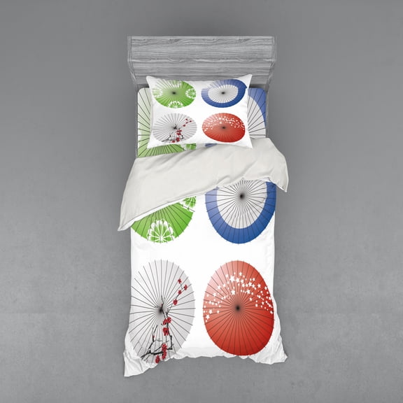 Ambesonne Japanese Bedding Set 3 Pcs, Flowers over Umbrellas, Twin XL, Multicolor