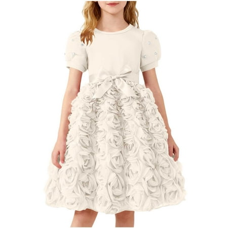 SBYOJLPB Children s Solid Color Dress Round Neck Short Sleeved Sundress Girls  Mesh Bow Casual and Comfortable Skirt