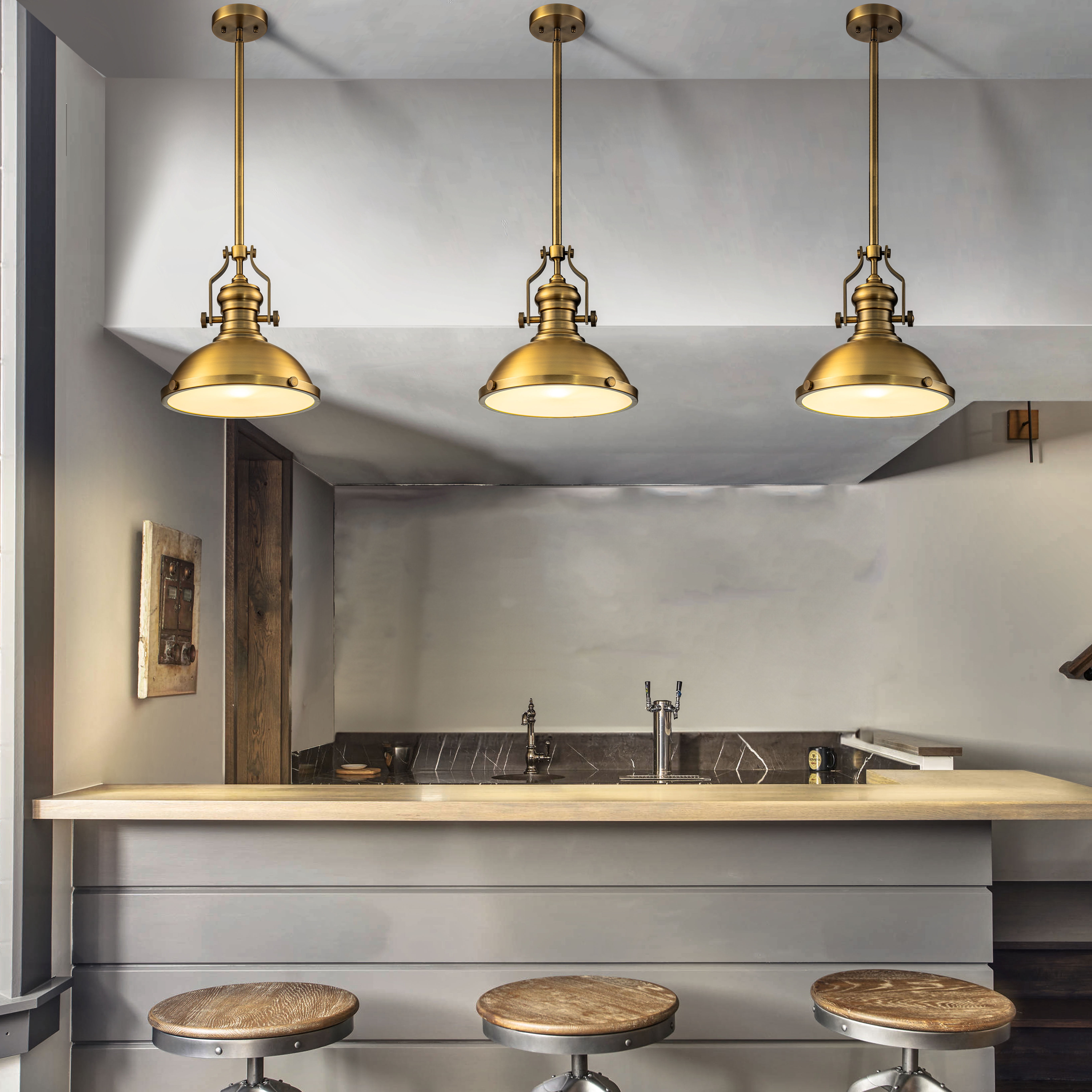 1-Light 13" Modern Industrial Antique Brass Single Dome Pendant Light For Kitchen Island