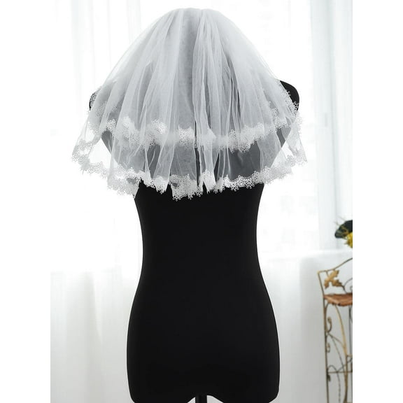 YooGuoGuo Lace Bride Wedding Veil White Short 2 Tiers Elbow Length Bridal Tulle Veils with Comb for Women and Girls