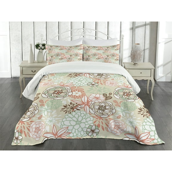 Ambesonne Floral Quilted Bedspread Set 3 Pcs, Romantic Wildflowers, King Size, Pale Green Brown Peach
