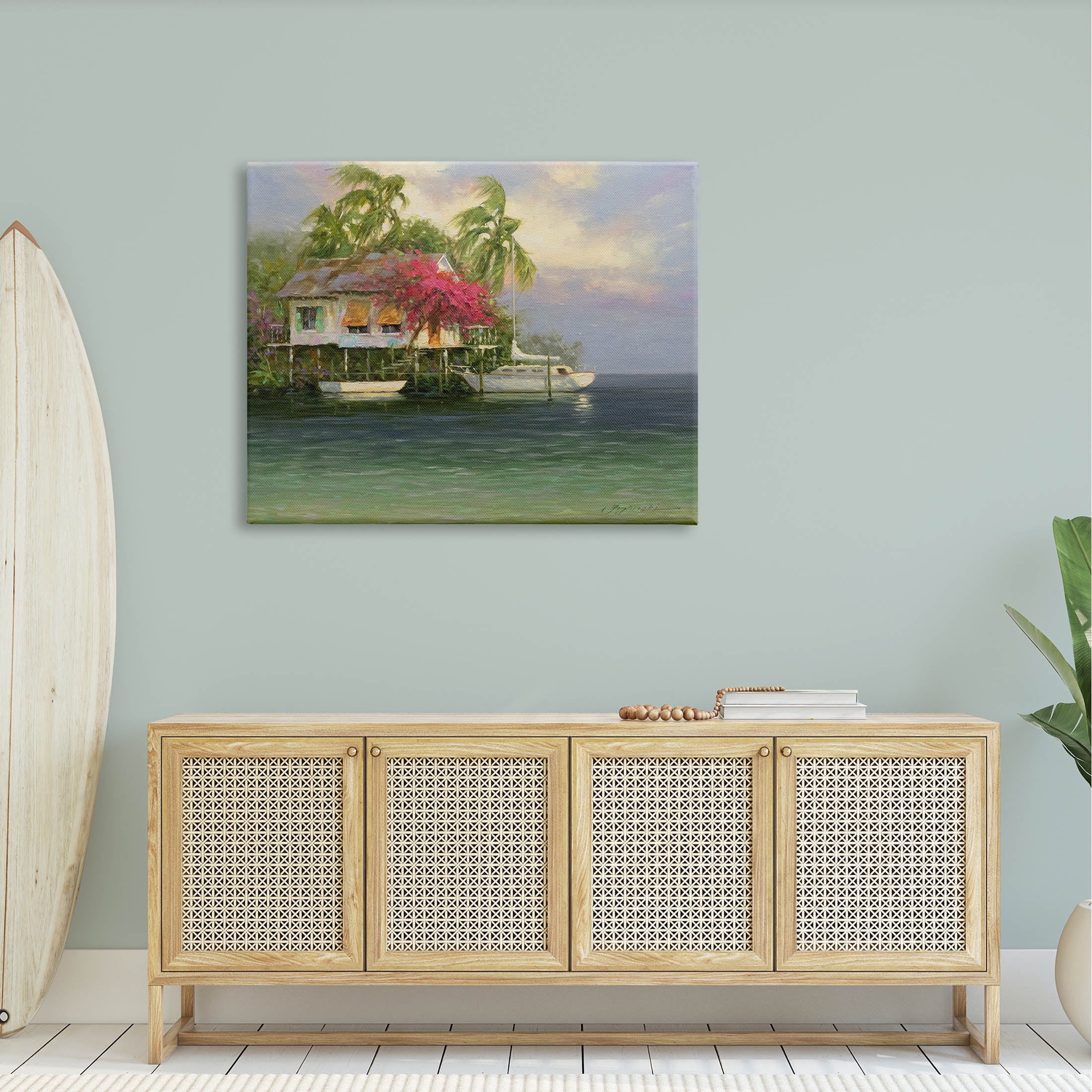 Summer Coastal Vacation Cottage Landscape Painting Gallery Wrapped Canvas Print Wall Art