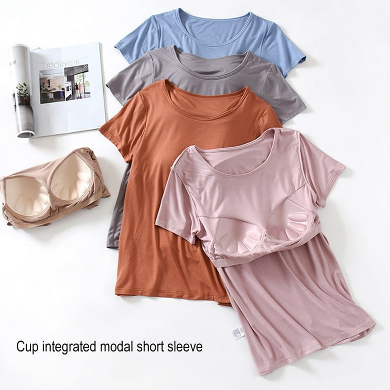 Women's Modal Built-in Bra Padded T-Shirt Active Camisole Short Sleeves  Pajama Casual Tops Undershirt for Workout Sleeping Traveling 