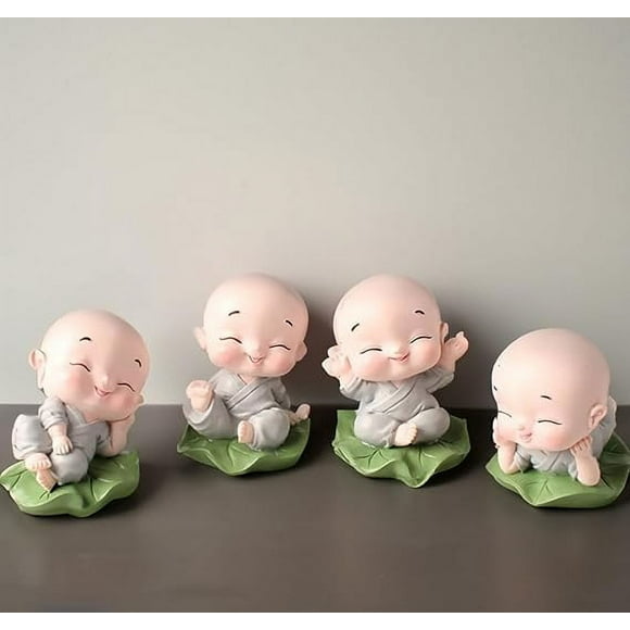 Petit Bébé Moine Ensemble de 4, pour Décoration de Maison, Petit Moine Smoking Ensemble Idole et Figurine Paisible Rire Bouddha Petites Statues Uniques Pièce Maîtresse Décorative pour Tableau de Bord de Voiture