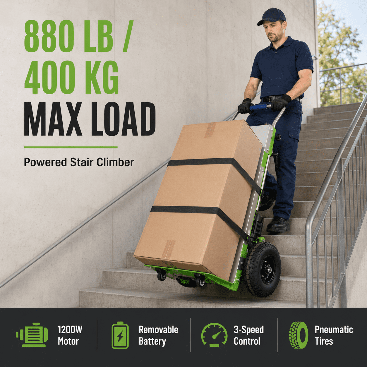 Green Hand Trucks - 880lbs Capacity Electric Stair Hand Trucks 1200W Heavy Duty Stair Climber Trolley with Safety Rope and Solid Wheel for Moving Furni ture Logistics Warehous