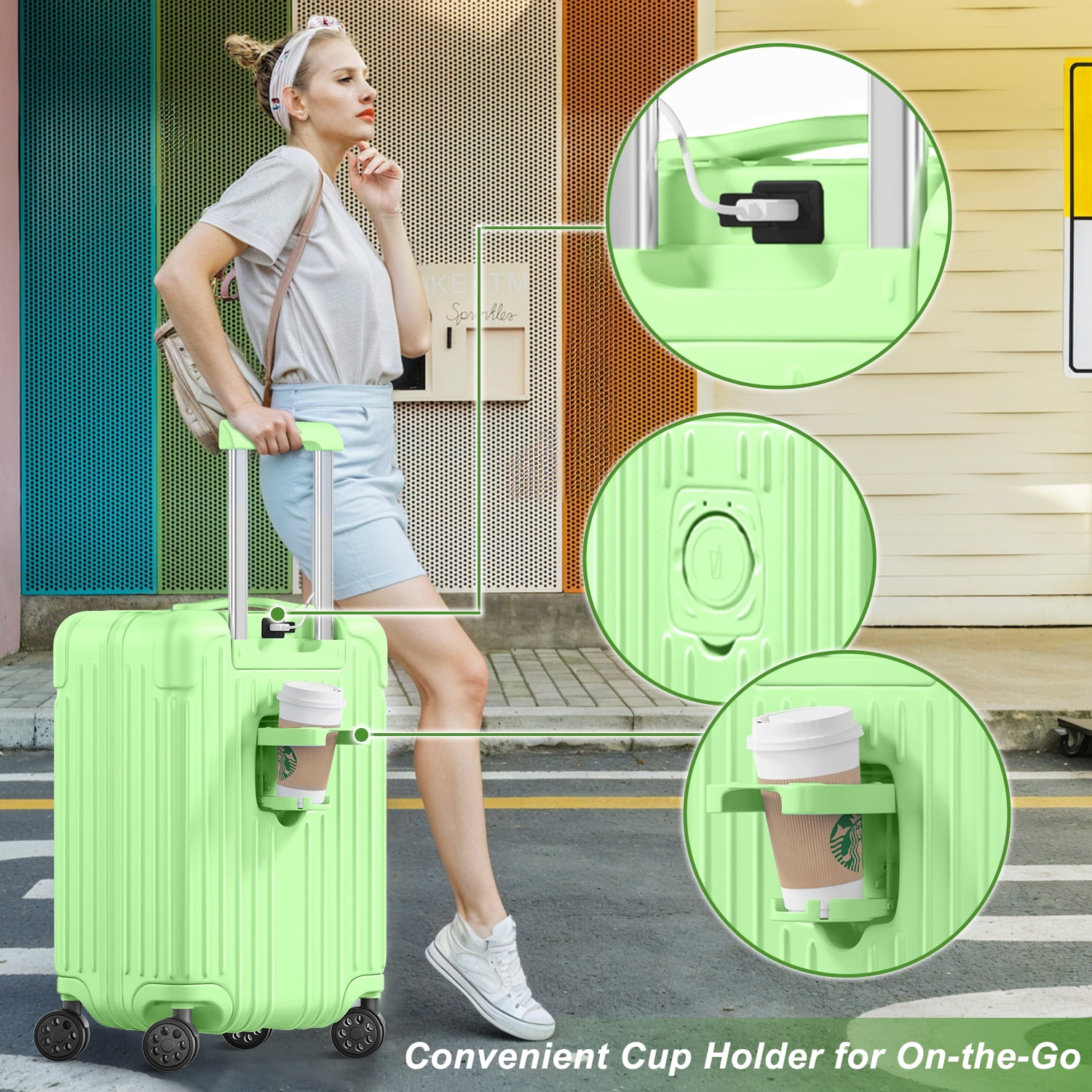 Checked Luggage PC ABS Hardshell Suitcase with Spinner Wheels TSA Lock USB Port and Cup Holder 28 inch AppleGreen