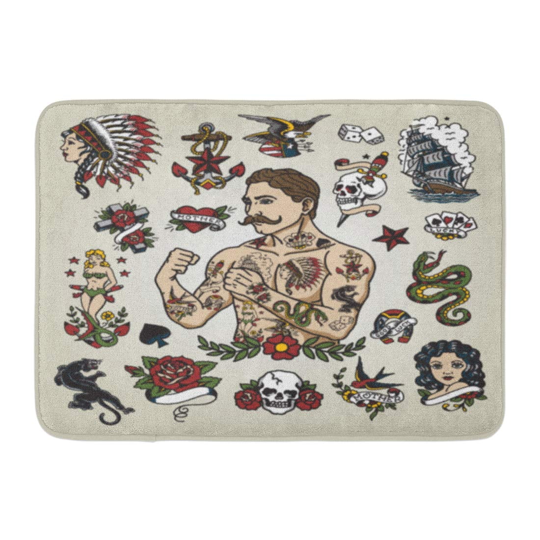 Godpok Heart Skull Tattoo Flash Hipster Man And Various Images Vintage Mermaid Rug Doormat Bath Mat 23 6x15 7 Inch Walmart Com Walmart Com