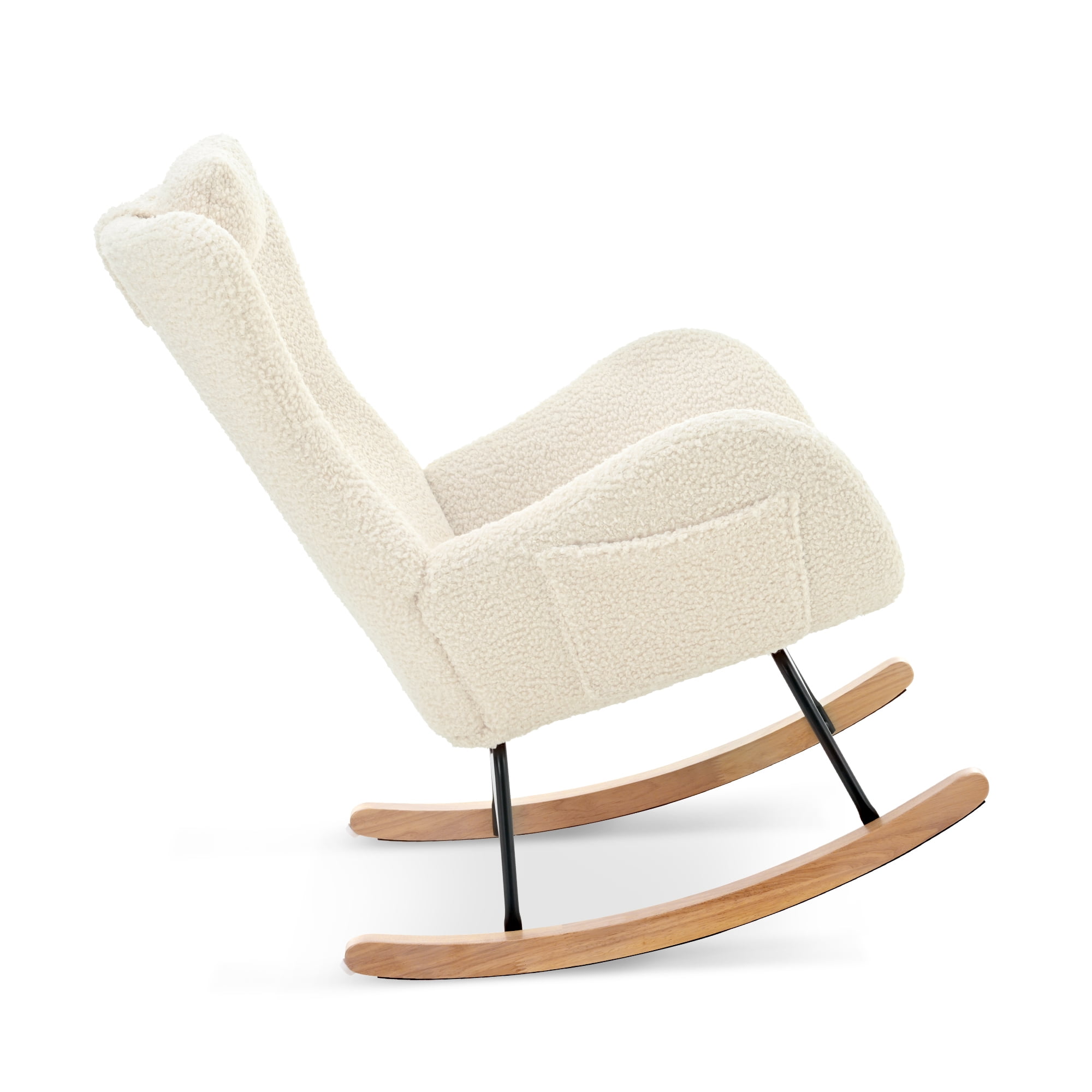 New Rocking Chair Nursery, Teddy Upholstered Rocker Glider Chair with High Backrest, Adjustable Headrest & Pocket, Comfy Glider Chair for Nursery, Bedroom, Living Room, Offices, Rubber wood, beige