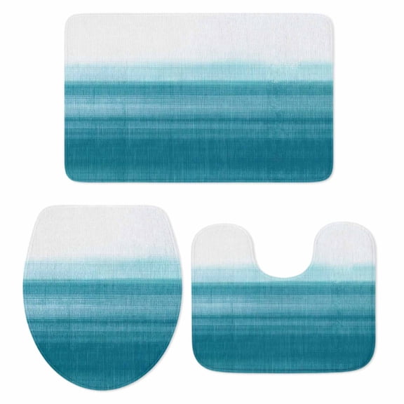 Turquoise White Ombre Bath Mat 3 Piece Bathroom Rug Set, Modern Country Abstract Stripes Non Slip Bath Rug Contour Mat and Toilet Lid Cover, Absorbent Shower Mats Soft Bath Rugs and Mats Sets