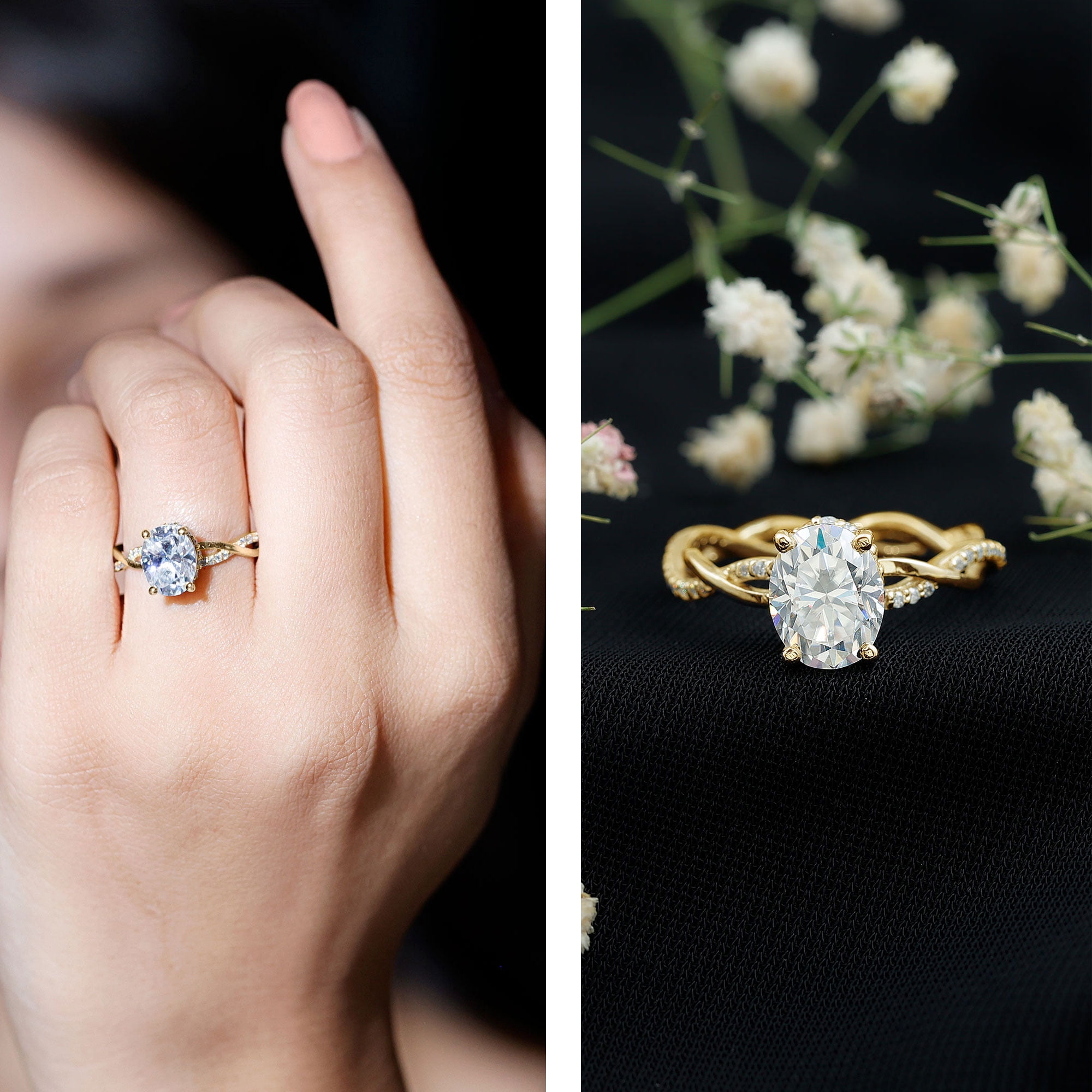 Rosec Jewels Oval Moissanite Hidden Halo Engagement Ring for Women (7X9 mm - 2 Ct - D-VS1 Grade), 10K Yellow Gold, US 6.00