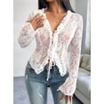thumbnail image 5 of Women'S V Neck Lace Sheer Top Mesh See Through Shirts Open Front Tie Long Sleeve Blouses Y2k Going Out Tops Pink XL, 5 of 10