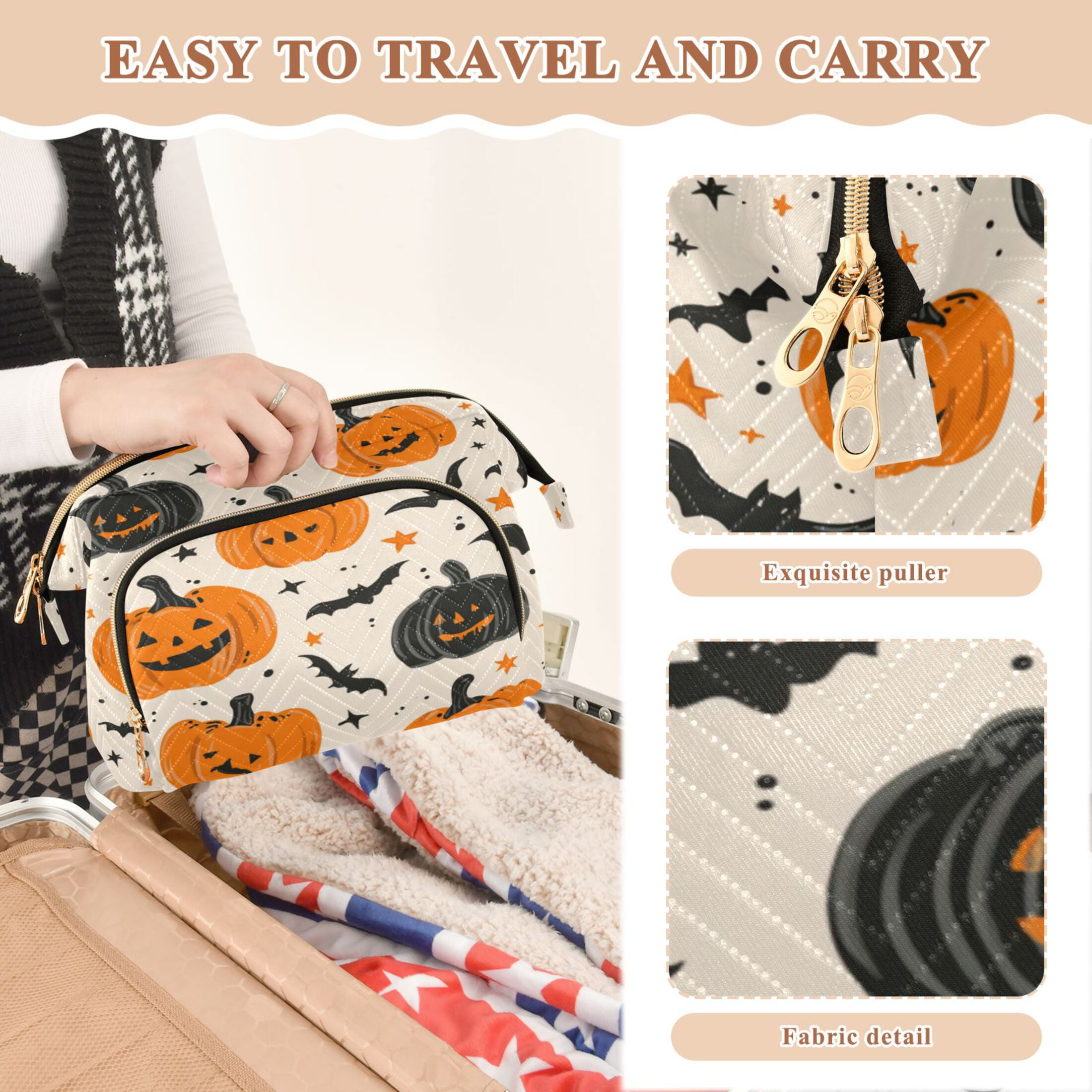 Wavy Quilted Cosmetic Bag Large-Capacity Travel Toiletry Organizer Includes 9-Piece Portable Travel Bottle Set Cartoon Halloween Pumpkins and Bats