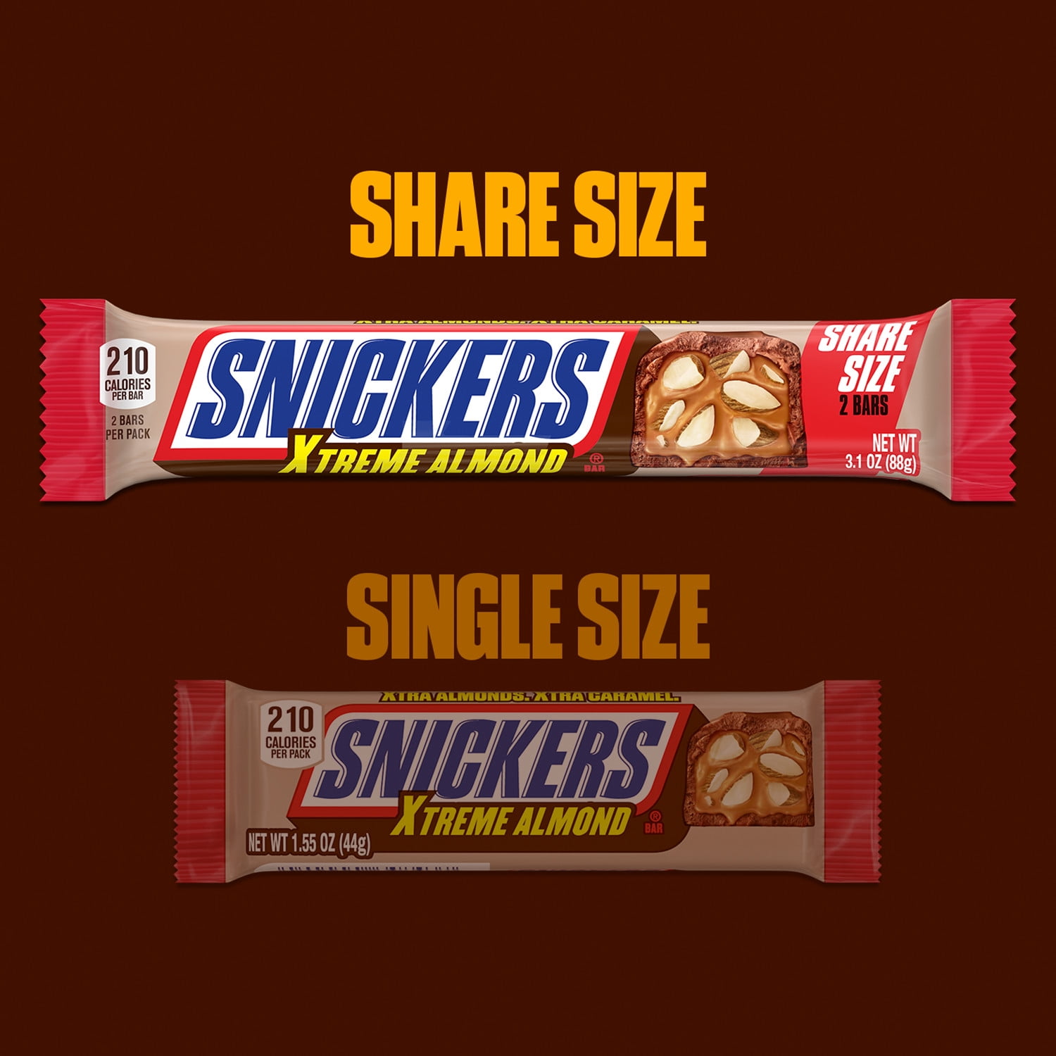 Snickers Xtreme Almond and Caramel Chocolate Candy Bar, Share Size - 3.1 Oz Bar