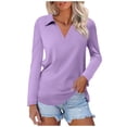 thumbnail image 2 of Yuhangmm Womens T Shirts, Women's Solid Color Long Sleeve Lapel V Neck Solid Color Top T Shirt 2 Long Sleeve Tee Shirt Purple S, 2 of 4