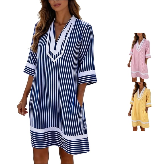 ZHOGXU Women's Dresses Summer Short Sleeve V Neck Striped Print Comfortable Breathable Loose Fit Dress With Pockets For Everyday Wear,Navy,L