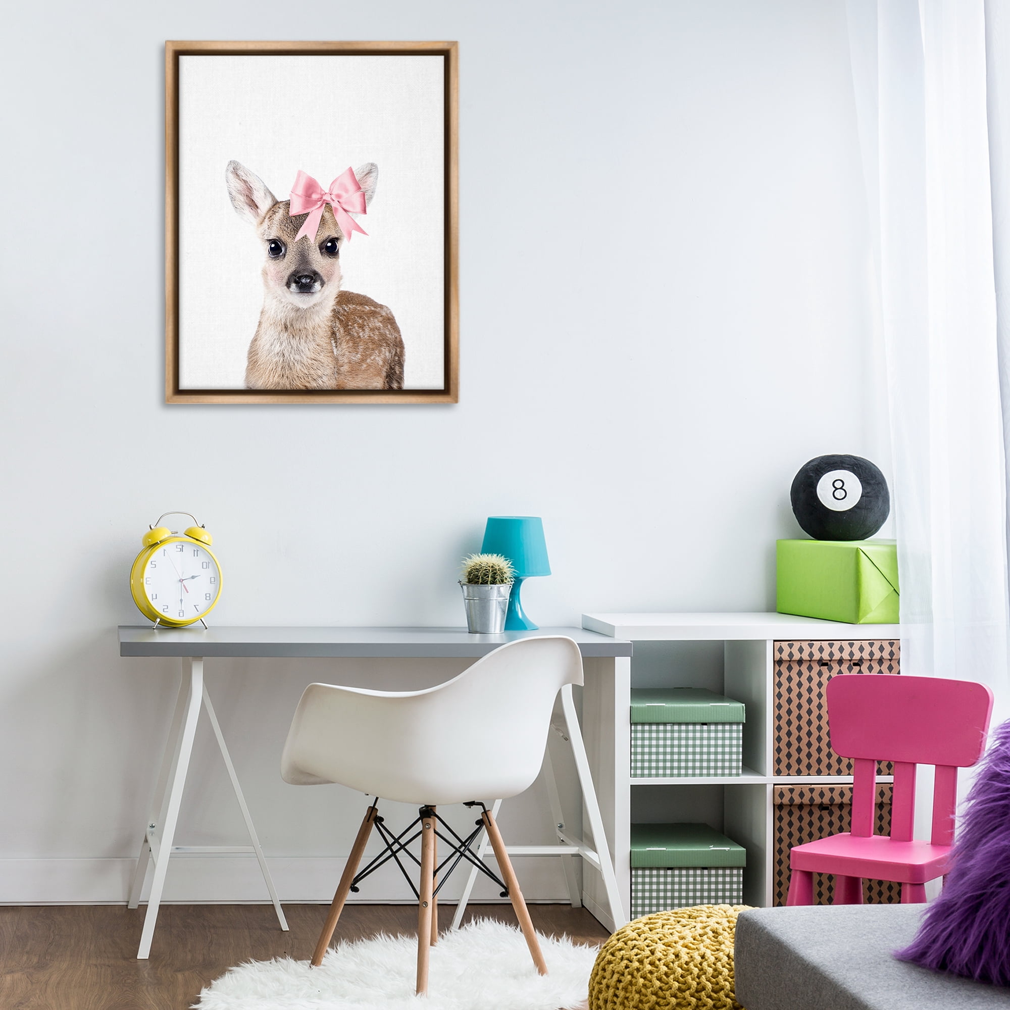 Stupell Industries Fawn with Pink Bow Animals Painting Brown Floater Framed Canvas Art Print Wall Art, 25 x 31