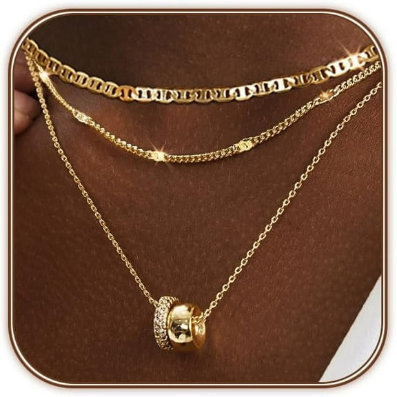 Layered CZ Rondelle Pendant Necklaces for Women, 14K Gold Plated Trendy Mariner Chain Dainty Circle Rondelle Pendant Choker Necklace for Women Two-Toned Cubic Zirconia Gold Necklace
