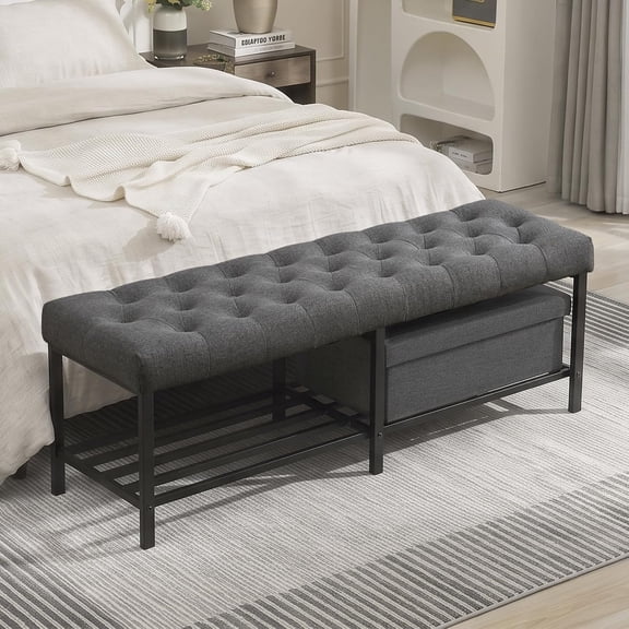 55.5" End of Bed Bench, Linen Entryway Bench, Grey | Modern Linen Button Tufted Bedroom Bench, Upholstered Storage Shoe Bench with Metal Base for Living Room, Bedroom, Entryway
