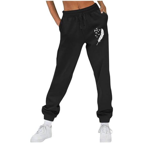 USNSM High Waisted Sweatpants for Women Fall Fashion Feather Print Trousers Casual Loose Workout Pants Pant with Pockets Black S