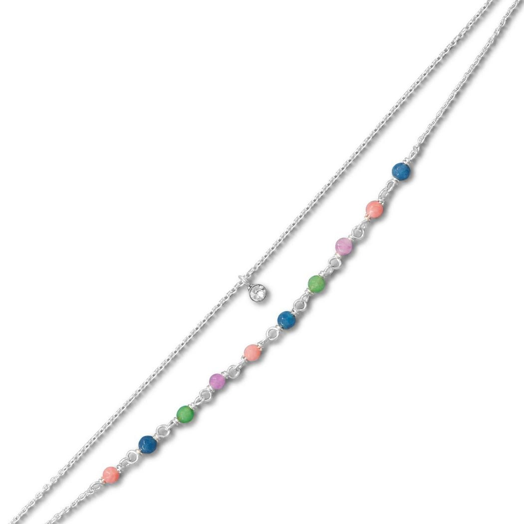 925 Sterling Silver 9 Inch + 1 Inch Multi Color Jade and CZ Double Strand Anklet 3mm Faceted Dyed on One Anklet for Wome