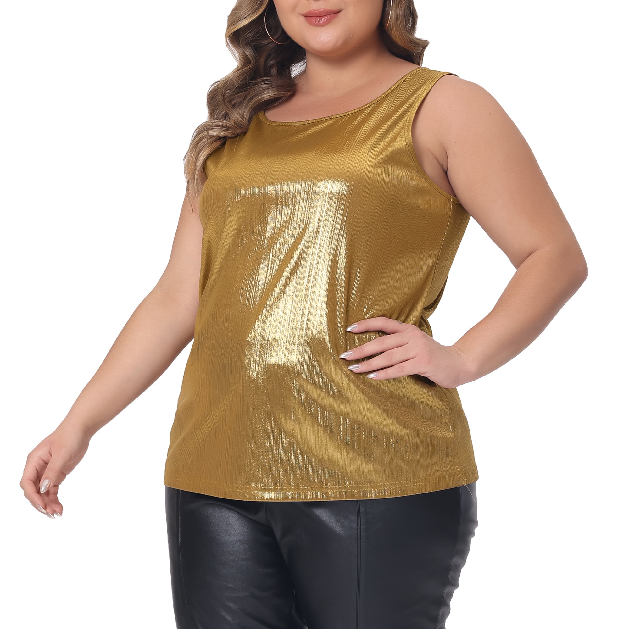 DARING DIVA Women's Plus Shiny Metallic Tank Top Sleeveless Party Blouse 2XL Gold