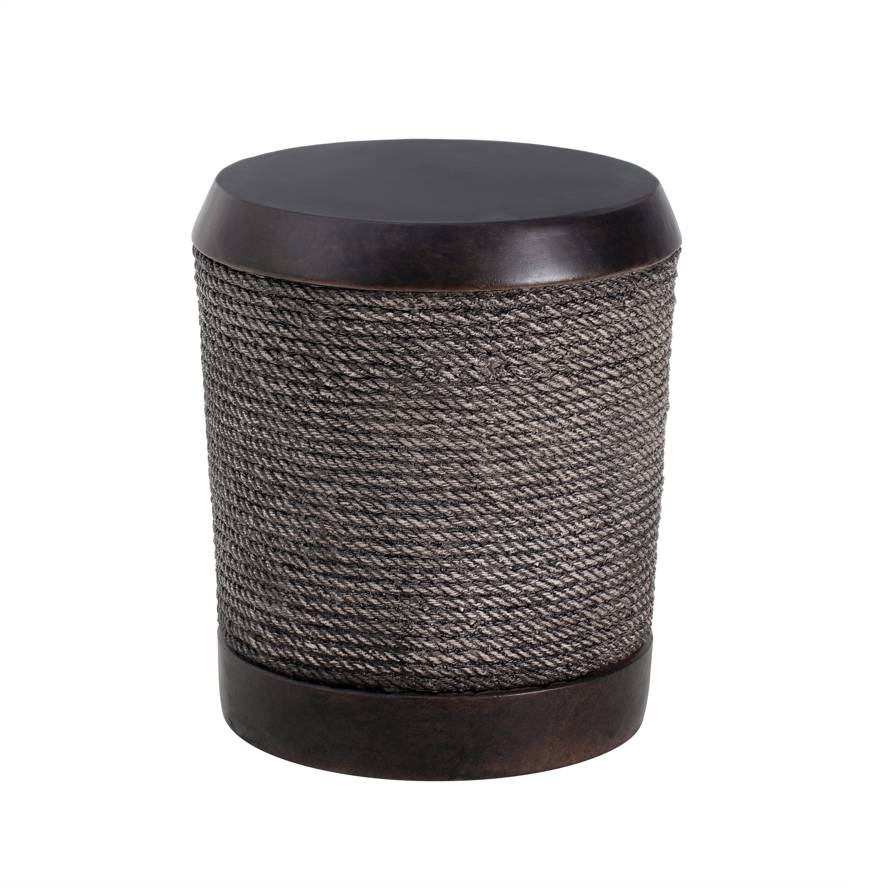 Outdoor Dark Brown Side Table with Simulated Braided Cord & Vintage Trim, Retro Cylindrical End Table for Indoor Home Patio Balcony Decor